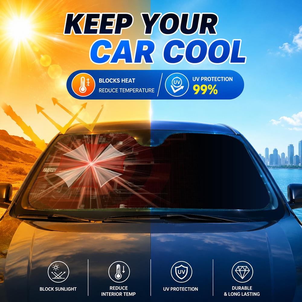 مظلة سيارة بتصميم فيلم رعب، وا - مراجعة Car Sunshade Windshield Umbrella Foldable وسعره